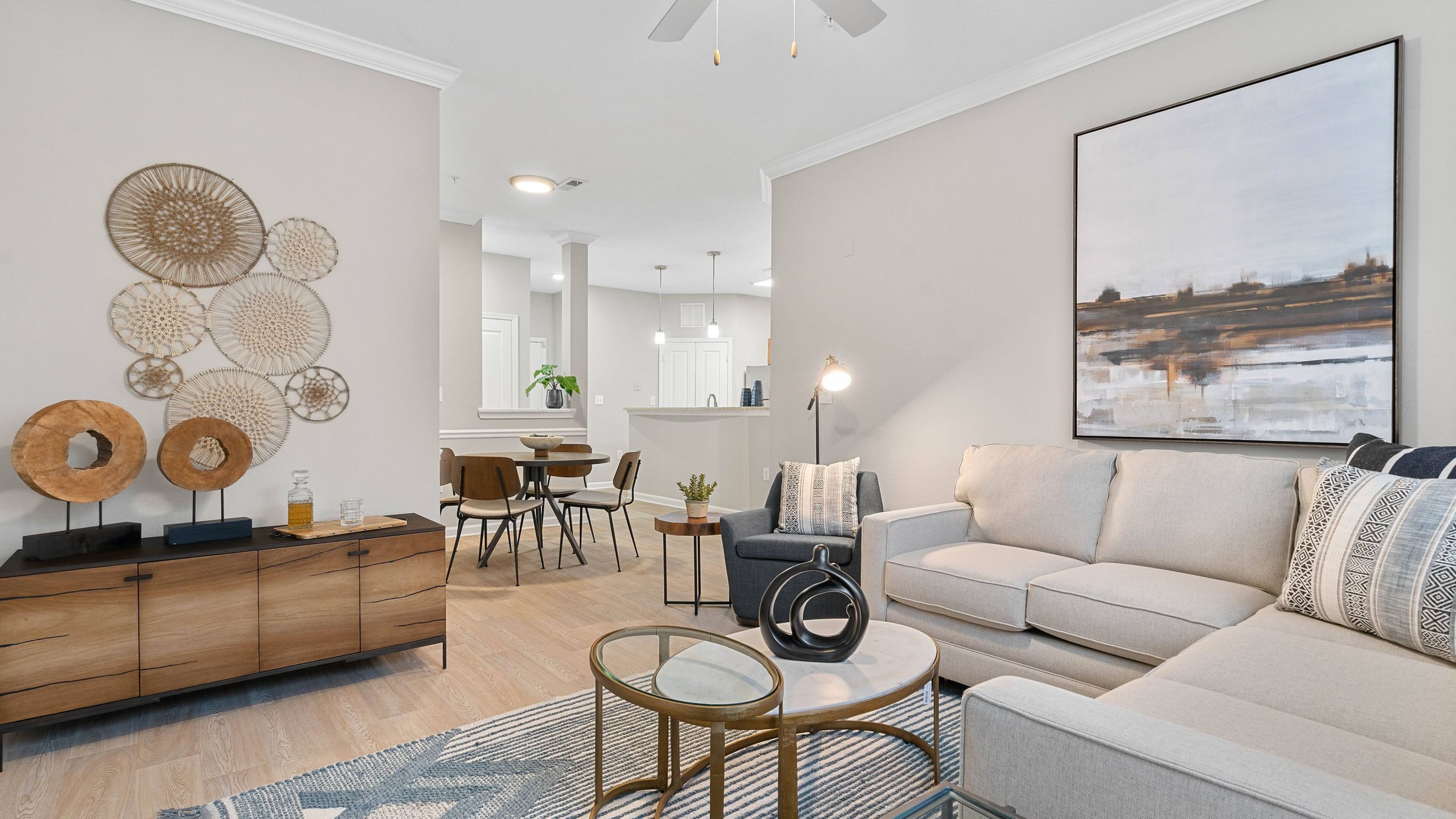 Hawthorne at the Greene spacious 2 bedroom apartment with large living area opening towards a small dining area and the kithen